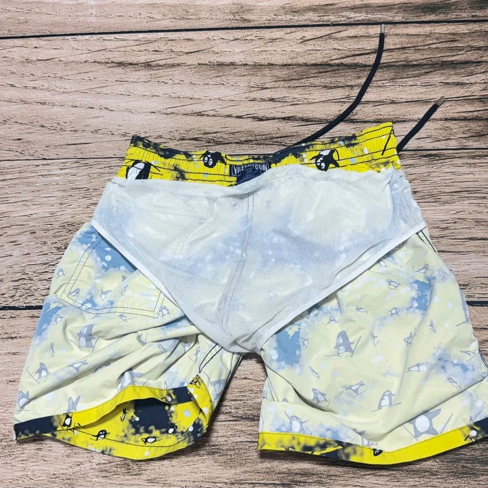 Vilebrequin Swim Trunks Men Large Yellow Skiing Penguin Print Luxury Swimwear